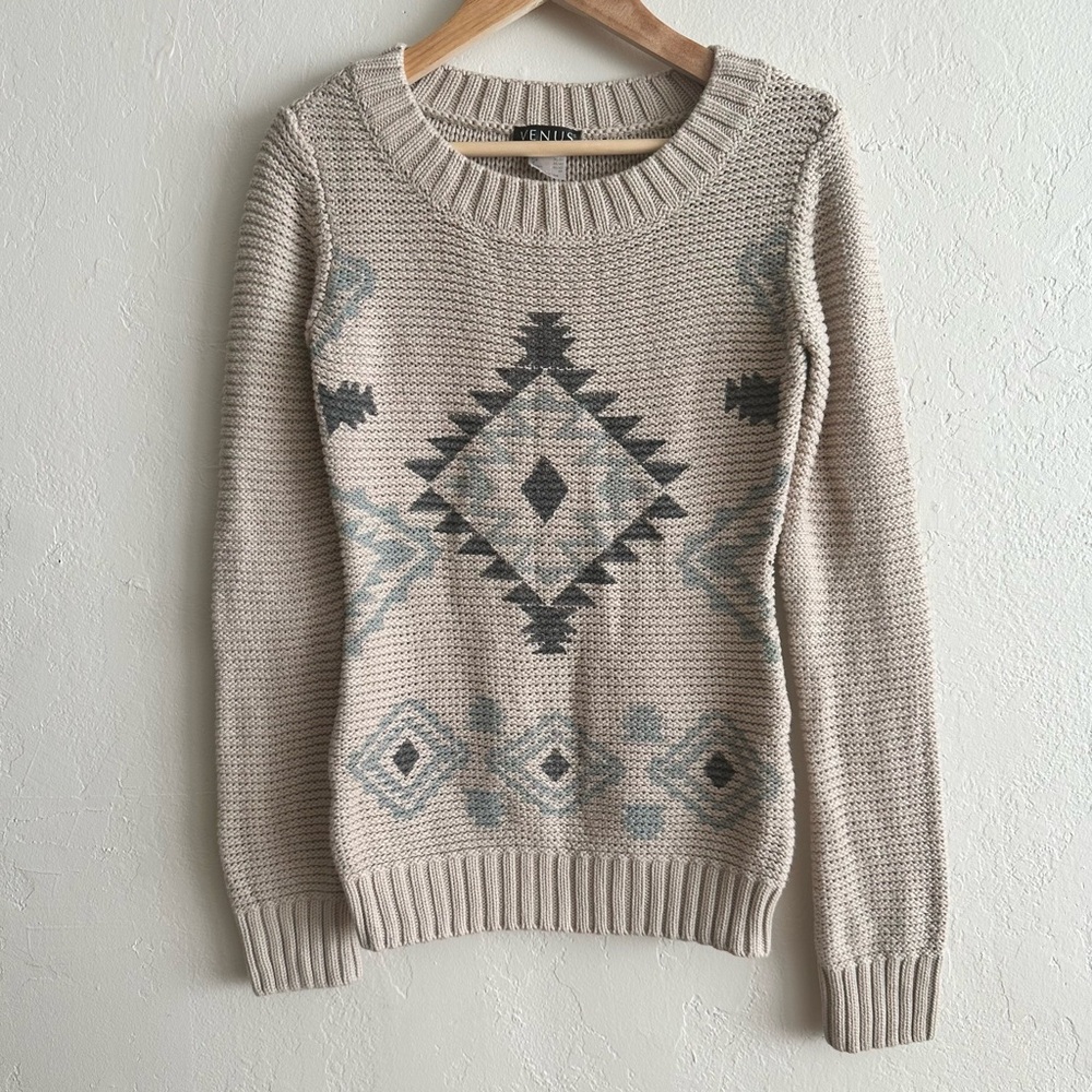 Boho Aztec Festival Southwest Tribal Knit Sweater in Beige by Venus